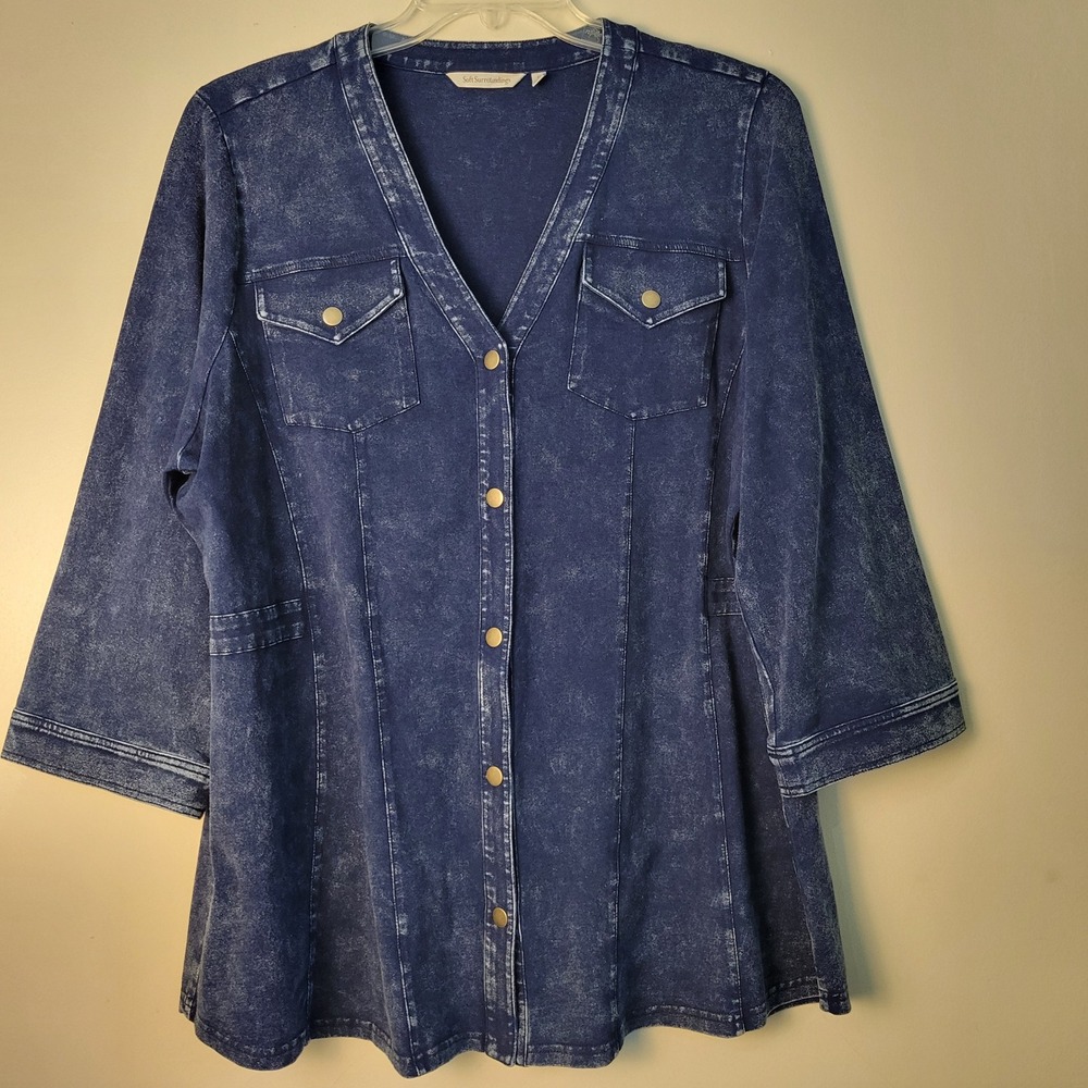 Soft Surroundings Womens 1X Blue Acid Wash Snap Front 3/4 Sleeve Tunic Top